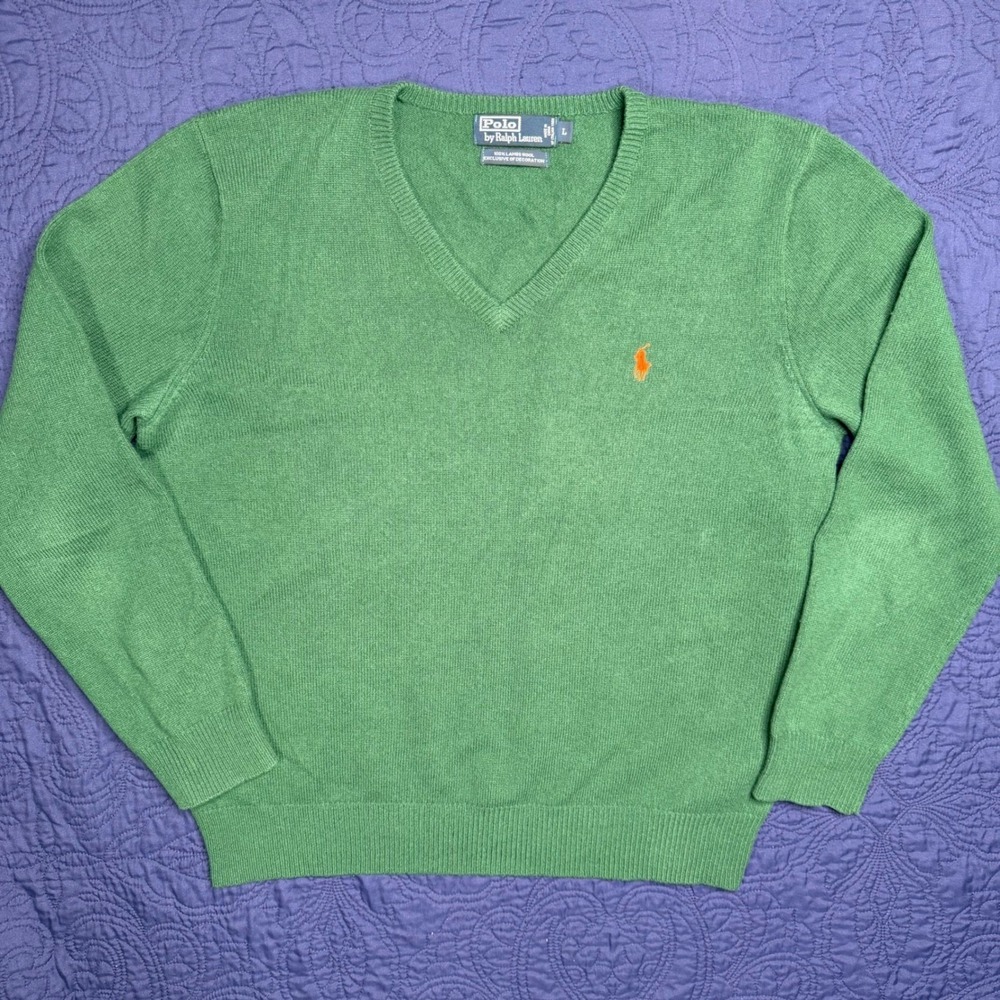 Polo Ralph Lauren Mens Green 100% Lambswool V-Neck Sweater Orange Pony Large